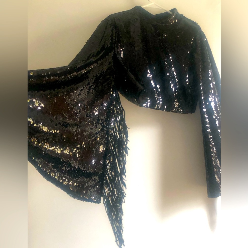 ASOS LUXE sequin fringe sleeve top with open back in black Size US 10